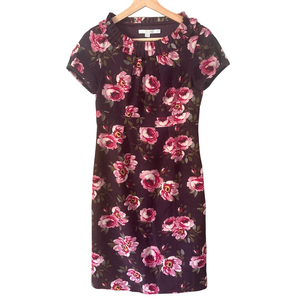 Boden Floral Light Wool Sheath Dress Cap Sleeve Plum Purple and Pink Size 2R‎